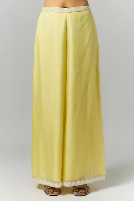 Essay By Sumedha Agrawal_Yellow Organza, Viscose Embroidery Square Neck Cape Palazzo Set _Online_at_Aza_Fashions