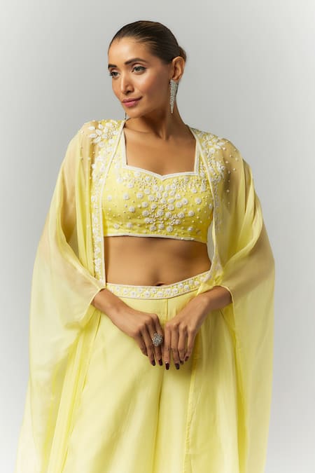 Buy_Essay By Sumedha Agrawal_Yellow Organza, Viscose Embroidery Square Neck Cape Palazzo Set _Online_at_Aza_Fashions