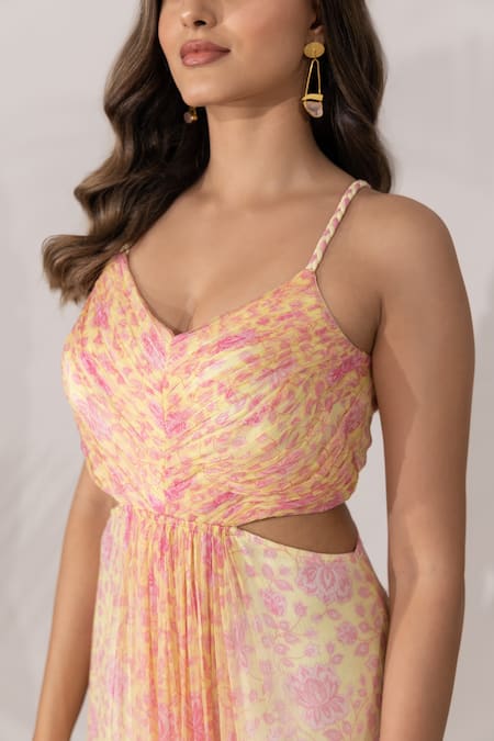 Shop_Essay By Sumedha Agrawal_Pink Chiffon V-neck Yellow Printed Dress _Online_at_Aza_Fashions