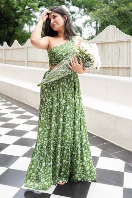 Essay By Sumedha Agrawal Green Crepe, Viscose One Shoulder Printed Top And Skirt Set Online at Aza Fashions Essay By Sumedha Agrawal_Green Crepe, Viscose One Shoulder Printed Top And Skirt Set _Online_at_Aza_Fashions