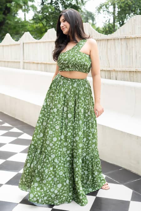 Shop Essay By Sumedha Agrawal Green Crepe, Viscose One Shoulder Printed Top And Skirt Set Online at Aza Fashions Shop_Essay By Sumedha Agrawal_Green Crepe, Viscose One Shoulder Printed Top And Skirt Set _Online_at_Aza_Fashions