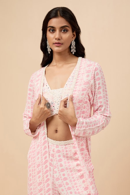 Buy_Essay By Sumedha Agrawal_Pink Viscose Georgette Open , Square Printed Jacket Set _Online_at_Aza_Fashions