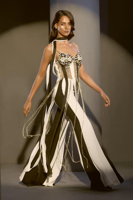 Buy_Karn Malhotra_Multi Color Georgette, Crepe, Tulle Pearls, Reva Embellished Corset Pant Set _Online_at_Aza_Fashions