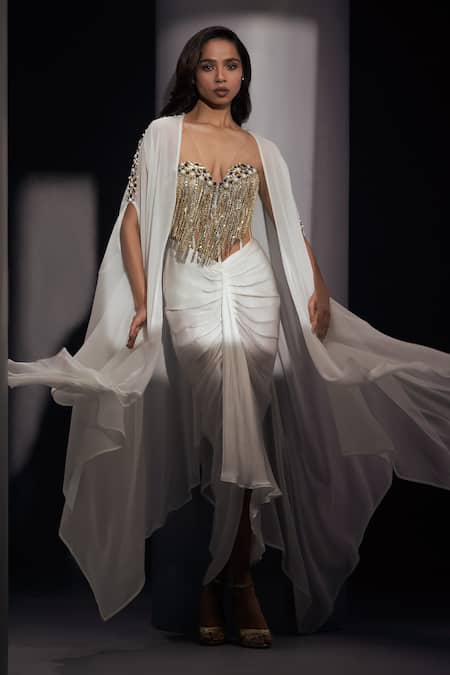 Karn Malhotra_White Silk, Georgette, Satin, Tulle Nora Hand Embroidered Jacket And Skirt Set _Online_at_Aza_Fashions