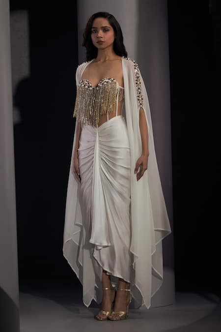 Buy_Karn Malhotra_White Silk, Georgette, Satin, Tulle Nora Hand Embroidered Jacket And Skirt Set _Online_at_Aza_Fashions