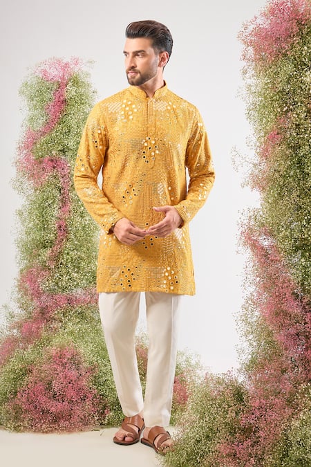 Buy Kasbah Yellow Silk Sequins, Mirrors Work Embellished Short Kurta Online at Aza Fashions Buy_Kasbah_Yellow Silk Sequins, Mirrors Work Embellished Short Kurta _Online_at_Aza_Fashions
