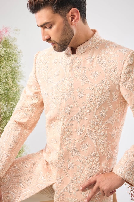 Kasbah_Pink Georgette Embroidery, Sequins, Cut Work Hand Sherwani _Online_at_Aza_Fashions