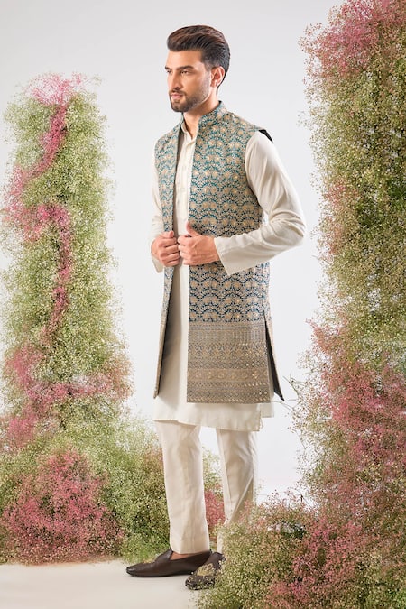 Buy_Kasbah_Blue Georgette Sequins, Zari Scallop Pattern Nehru Jacket _Online_at_Aza_Fashions