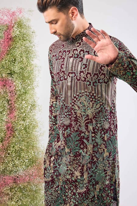 Kasbah Wine Georgette Embroidery, Sequins, Zari Floral Kurta Online at Aza Fashions Kasbah_Wine Georgette Embroidery, Sequins, Zari Floral Kurta _Online_at_Aza_Fashions