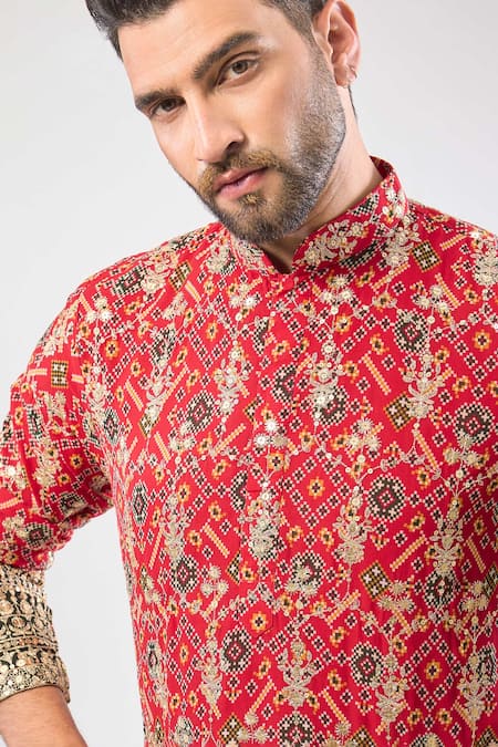 Kasbah Red Georgette Sequins, Zari Bandhani Short Kurta Online at Aza Fashions Kasbah_Red Georgette Sequins, Zari Bandhani Short Kurta _Online_at_Aza_Fashions