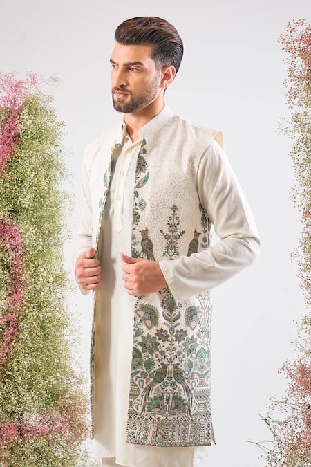 Kasbah_Ivory Georgette Embroidery, Sequins Nehru Jacket _Online_at_Aza_Fashions