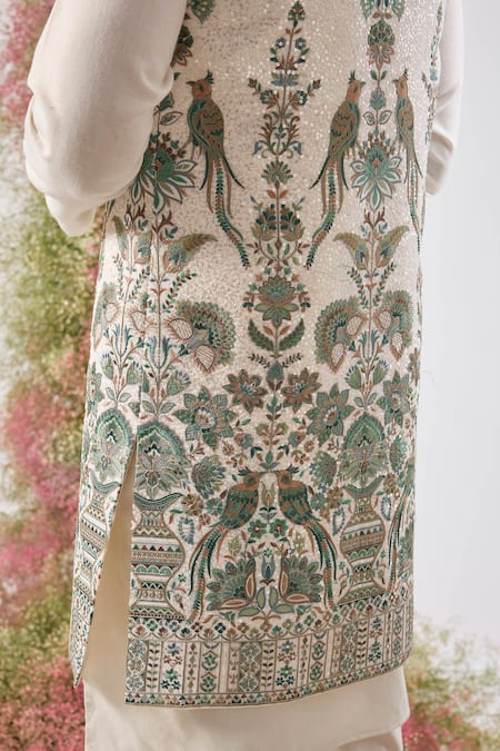 Buy_Kasbah_Ivory Georgette Embroidery, Sequins Nehru Jacket _Online_at_Aza_Fashions
