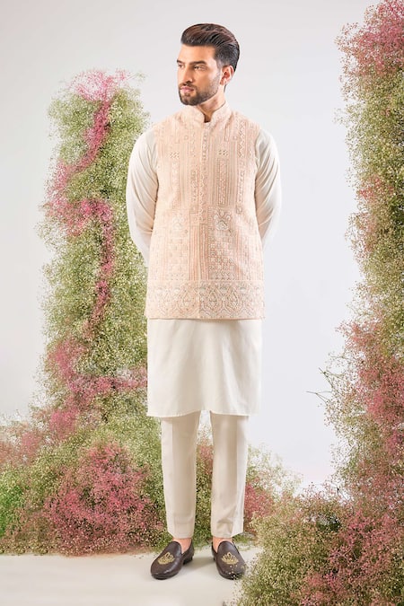 Buy_Kasbah_Pink Georgette Sequins, Cut Work Hand Nehru Jacket _Online_at_Aza_Fashions