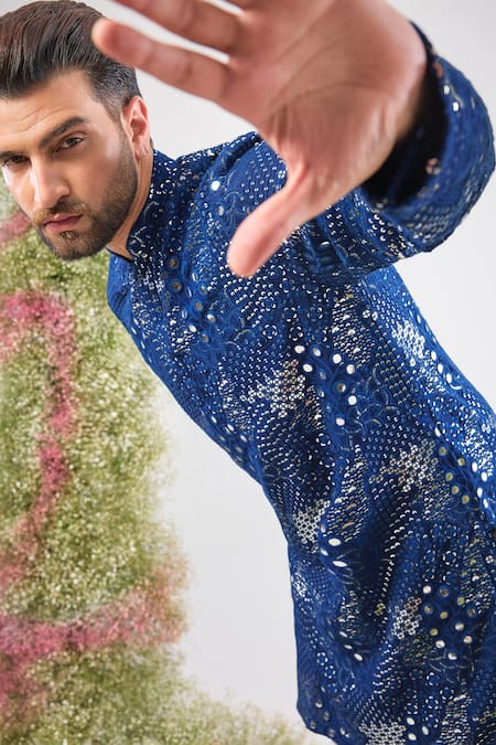 Kasbah_Blue Silk Sequins, Mirrors Work Kurta _Online_at_Aza_Fashions