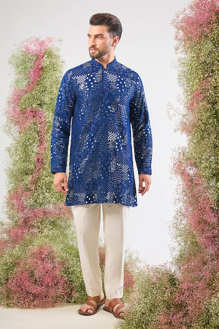 Buy_Kasbah_Blue Silk Sequins, Mirrors Work Kurta _Online_at_Aza_Fashions