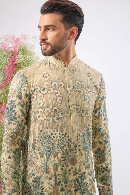Kasbah_Beige Georgette Embroidery, Sequins Floral Threadwork Kurta _Online_at_Aza_Fashions