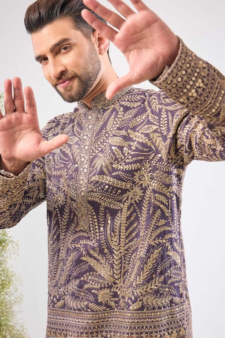 Kasbah_Purple Silk Embroidery, Sequins, Zari Kurta _Online_at_Aza_Fashions
