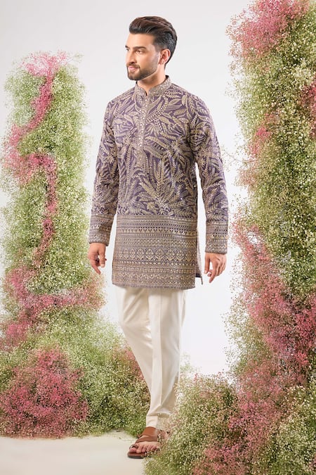 Buy_Kasbah_Purple Silk Embroidery, Sequins, Zari Kurta _Online_at_Aza_Fashions