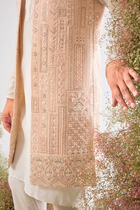 Kasbah_Pink Georgette Sequins, Cut Work Hand Geometric Nehru Jacket _Online_at_Aza_Fashions