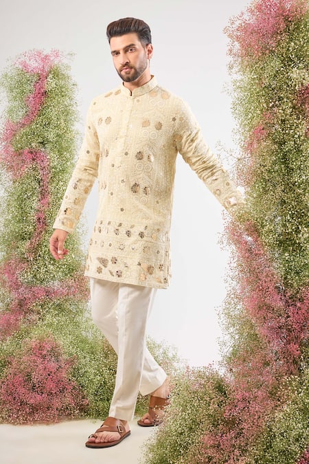 Buy_Kasbah_Beige Georgette Sequins, Patchwork Butti Embroidered Kurta _Online_at_Aza_Fashions