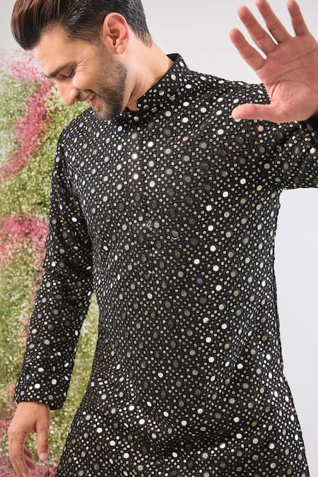 Kasbah_Black Georgette Sequins, Mirrors Work Short Kurta _Online_at_Aza_Fashions