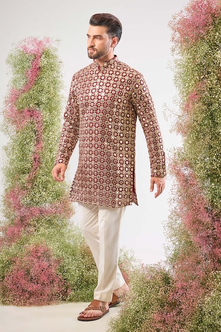 Kasbah Maroon Georgette Sequins, Zari, Mirrors Work Kurta Online at Aza Fashions Kasbah_Maroon Georgette Sequins, Zari, Mirrors Work Kurta _Online_at_Aza_Fashions