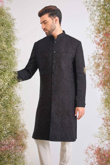 Kasbah Geometrical Threadwork Silk Sherwani Jacket 