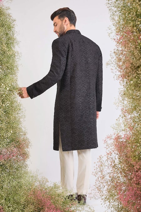 Kasbah Geometrical Threadwork Silk Sherwani Jacket 