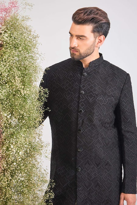 Buy_Kasbah_Black Silk Embroidery Geometrical Threadwork Sherwani Jacket _Online_at_Aza_Fashions