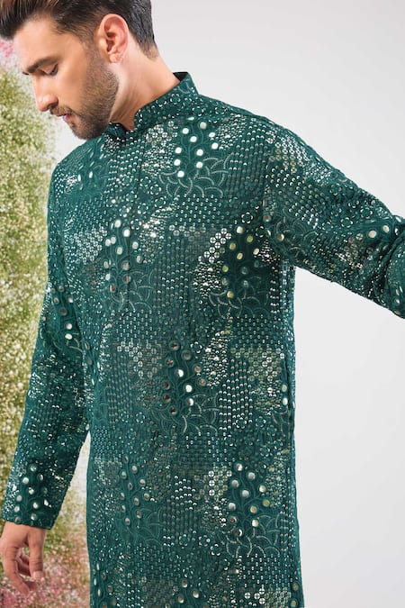 Kasbah_Green Silk Sequins, Mirrors Work Short Kurta _Online_at_Aza_Fashions
