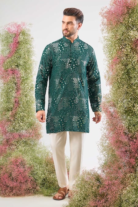 Buy_Kasbah_Green Silk Sequins, Mirrors Work Short Kurta _Online_at_Aza_Fashions