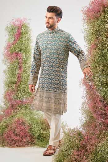 Kasbah_Blue Georgette Sequins, Zari Ombre Shaded Kurta _Online_at_Aza_Fashions