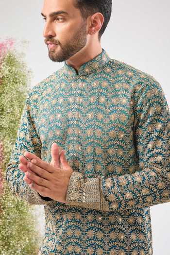 Buy_Kasbah_Blue Georgette Sequins, Zari Ombre Shaded Kurta _Online_at_Aza_Fashions