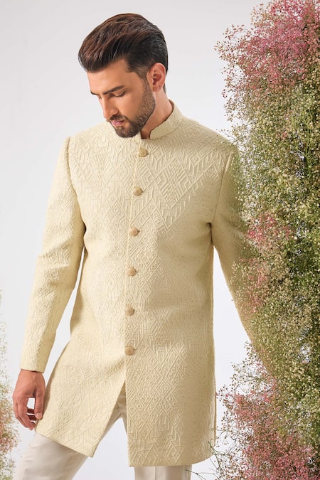 Buy_Kasbah_Beige Silk Embroidery, Sequins Thread Work Sherwani Jacket _Online_at_Aza_Fashions