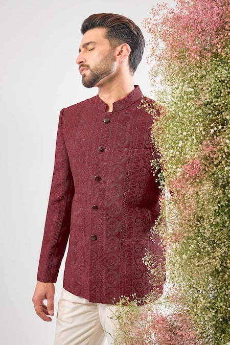 Kasbah Maroon Silk Embroidery Dori Work Bandhgala Jacket Online at Aza Fashions Kasbah_Maroon Silk Embroidery Dori Work Bandhgala Jacket _Online_at_Aza_Fashions