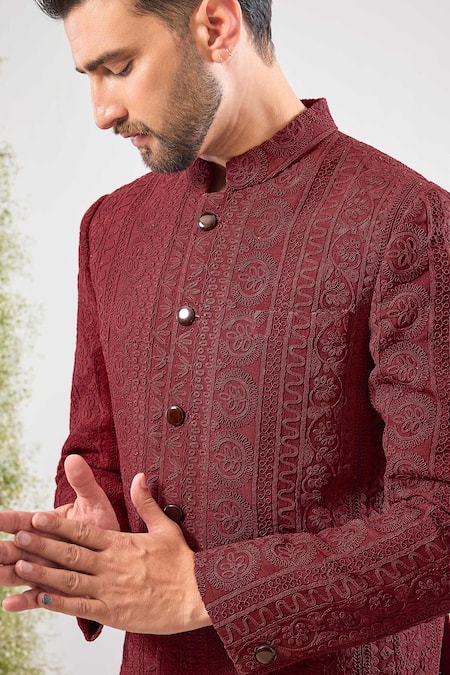 Buy Kasbah Maroon Silk Embroidery Dori Work Bandhgala Jacket Online at Aza Fashions Buy_Kasbah_Maroon Silk Embroidery Dori Work Bandhgala Jacket _Online_at_Aza_Fashions