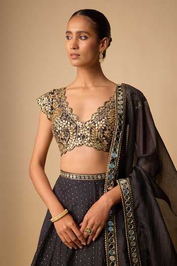 Neha Khullar_Black Organza, Chanderi, Tissue Mirrors, Sequins Embellished Lehenga Set _Online_at_Aza_Fashions