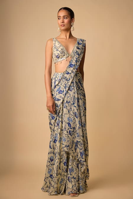 Neha Khullar Mirror Work Pre-Draped Saree With Blouse 