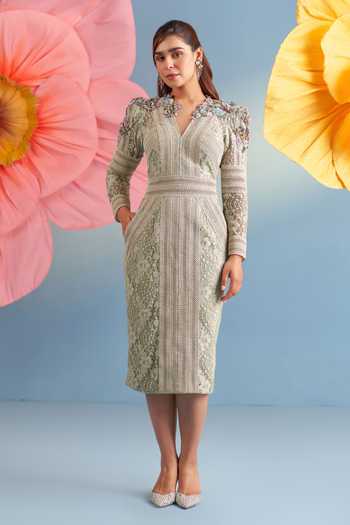 Parul And Preyanka_Green Crepe, Net, Lace Sequins, Fabric Flowers V-neck Almond Blaire Dress _Online_at_Aza_Fashions