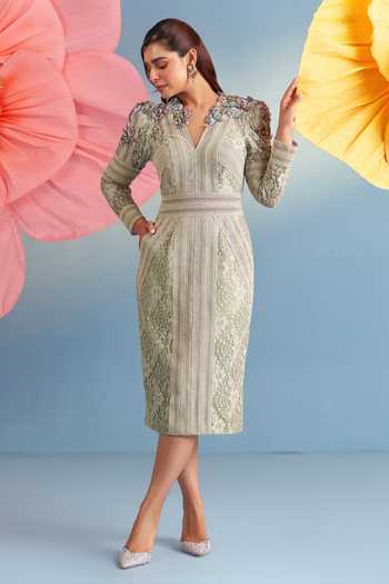 Buy_Parul And Preyanka_Green Crepe, Net, Lace Sequins, Fabric Flowers V-neck Almond Blaire Dress _Online_at_Aza_Fashions