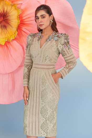 Shop_Parul And Preyanka_Green Crepe, Net, Lace Sequins, Fabric Flowers V-neck Almond Blaire Dress _Online_at_Aza_Fashions
