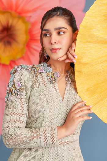 Parul And Preyanka_Green Crepe, Net, Lace Sequins, Fabric Flowers V-neck Almond Blaire Dress _at_Aza_Fashions