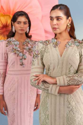 Parul And Preyanka_Pink Crepe, Net, Lace Sequins, Fabric Flowers V-neck Blaire Dress _Online_at_Aza_Fashions