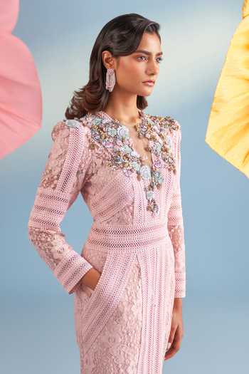 Buy_Parul And Preyanka_Pink Crepe, Net, Lace Sequins, Fabric Flowers V-neck Blaire Dress _Online_at_Aza_Fashions