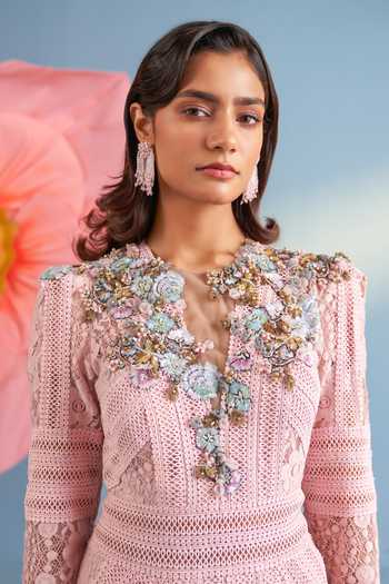 Parul And Preyanka_Pink Crepe, Net, Lace Sequins, Fabric Flowers V-neck Blaire Dress _at_Aza_Fashions