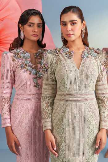 Buy_Parul And Preyanka_Pink Crepe, Net, Lace Sequins, Fabric Flowers V-neck Blaire Dress 