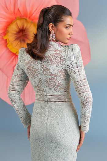 Parul And Preyanka_Blue Crepe, Net, Lace Sequins, Fabric Flowers V-neck Powder Blair Dress _Online_at_Aza_Fashions