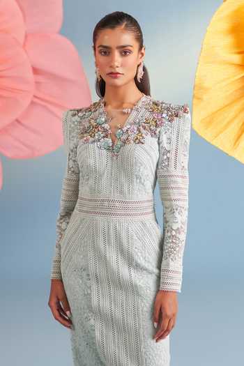 Buy_Parul And Preyanka_Blue Crepe, Net, Lace Sequins, Fabric Flowers V-neck Powder Blair Dress _Online_at_Aza_Fashions