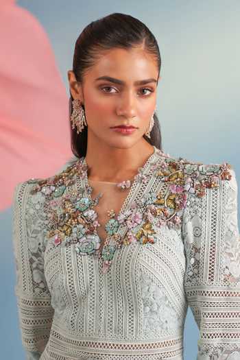 Shop_Parul And Preyanka_Blue Crepe, Net, Lace Sequins, Fabric Flowers V-neck Powder Blair Dress _Online_at_Aza_Fashions