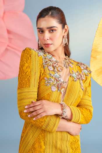 Buy_Parul And Preyanka_Mustard Crepe, Net, Lace Sequins, Fabric Flowers Plunge Neck Yellow Blair Dress _Online_at_Aza_Fashions